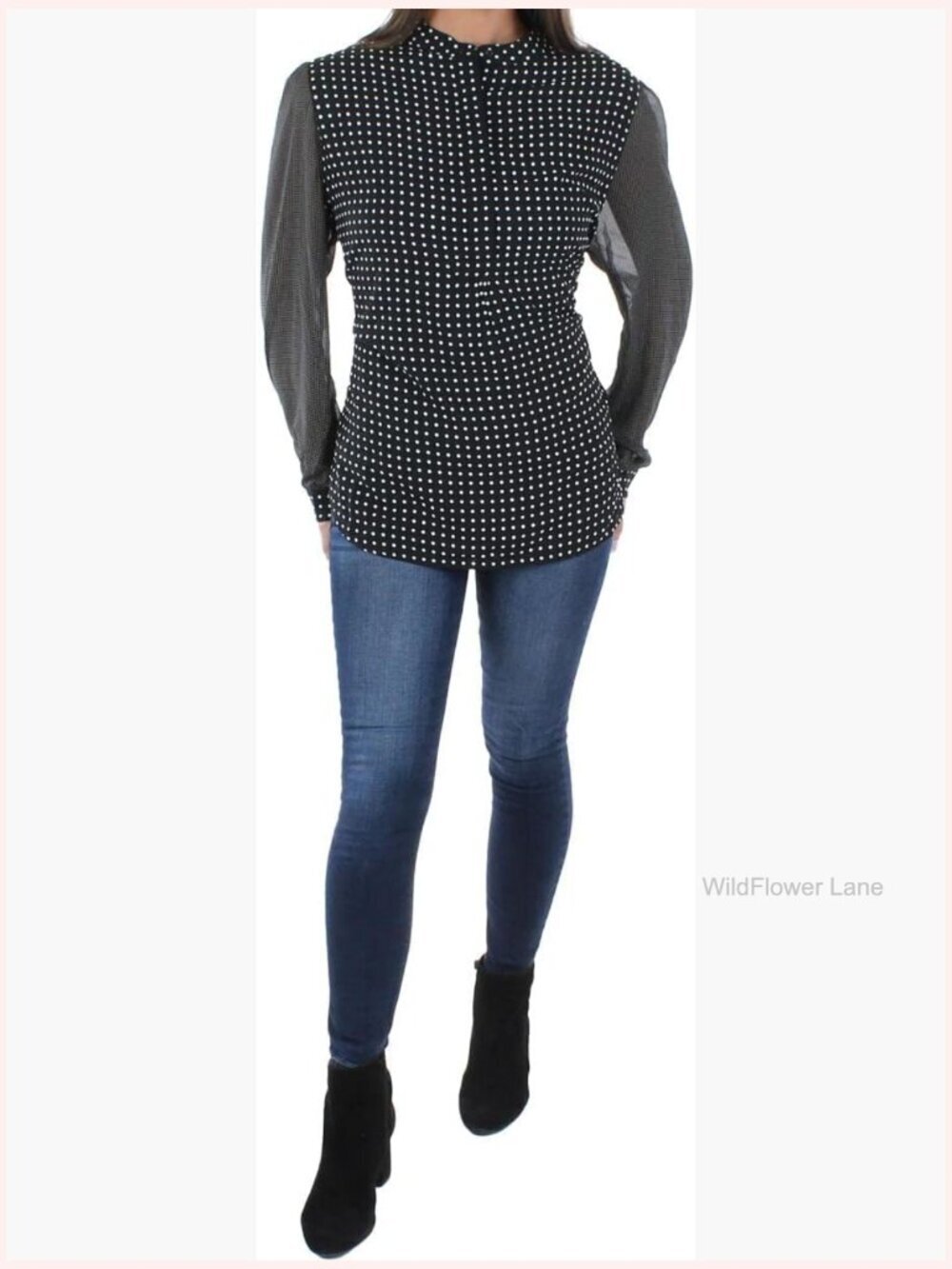 Long Sleeve Dot Print Tunic Top V-Neck Blouse Pull On Tunic